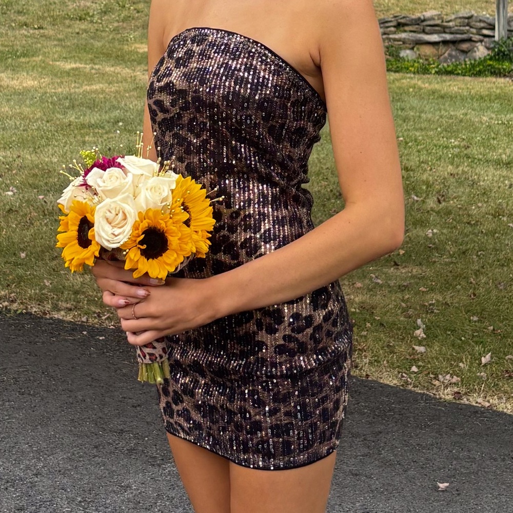 Cheetah print Sequin Strapless Mini Dress - Black and Brown